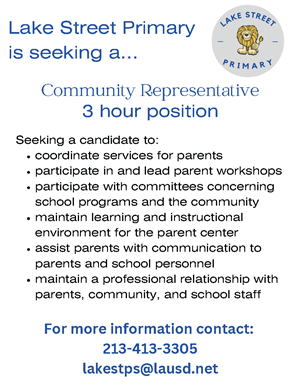 Lake Street Community Rep hiring flyer in English